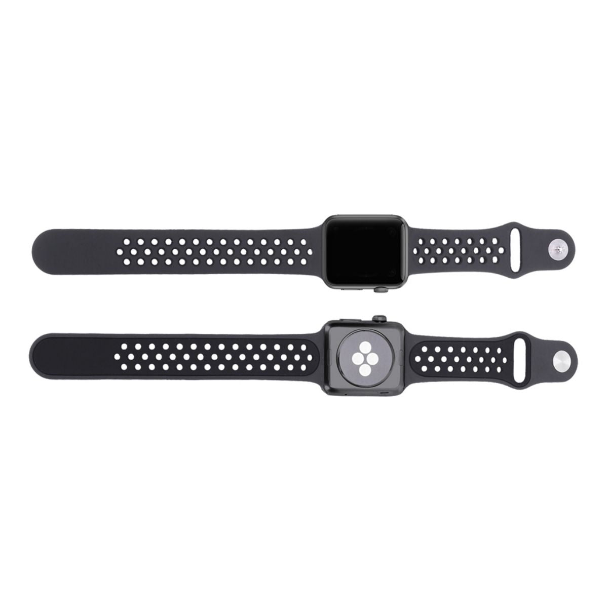 Flat lay of the black Nike Series Silicone Apple Watch Band, highlighting its perforated structure and secure fastening mechanism.